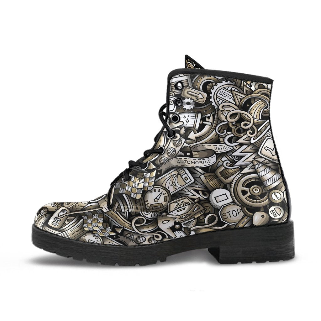 Pattern Print Mechanic Men Women Leather Boots-grizzshop