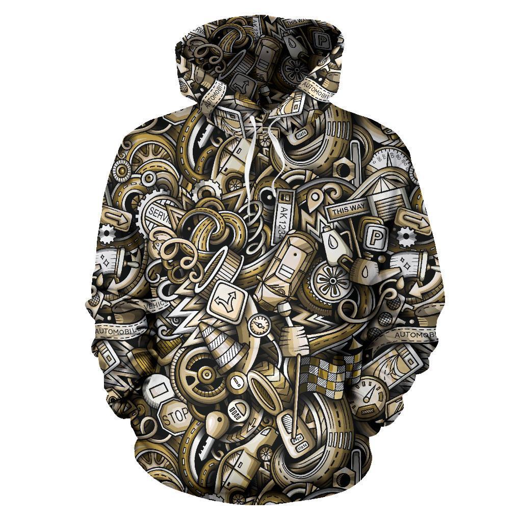 Pattern Print Mechanic Men Women Pullover Hoodie-grizzshop