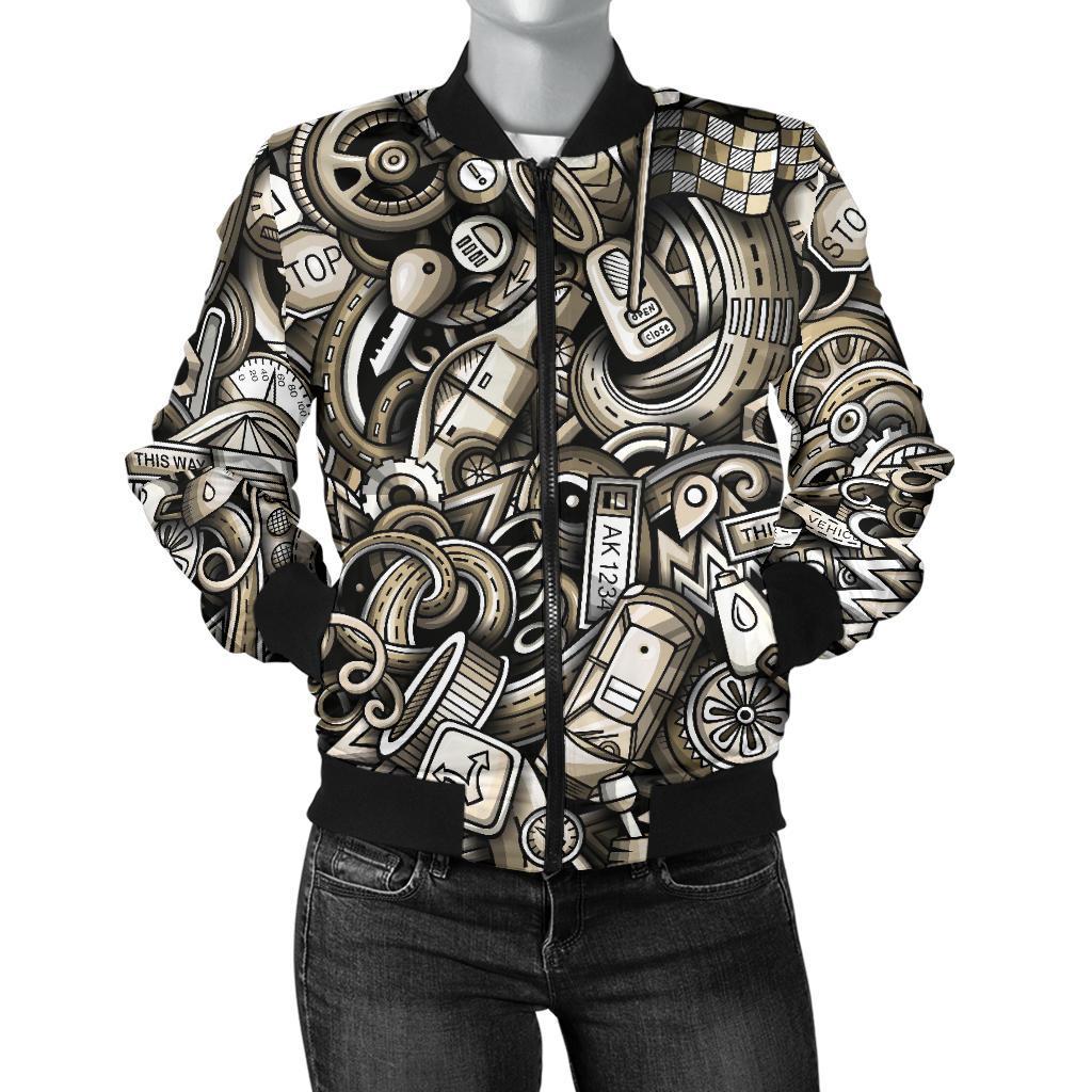 Pattern Print Mechanic Women Casual Bomber Jacket-grizzshop