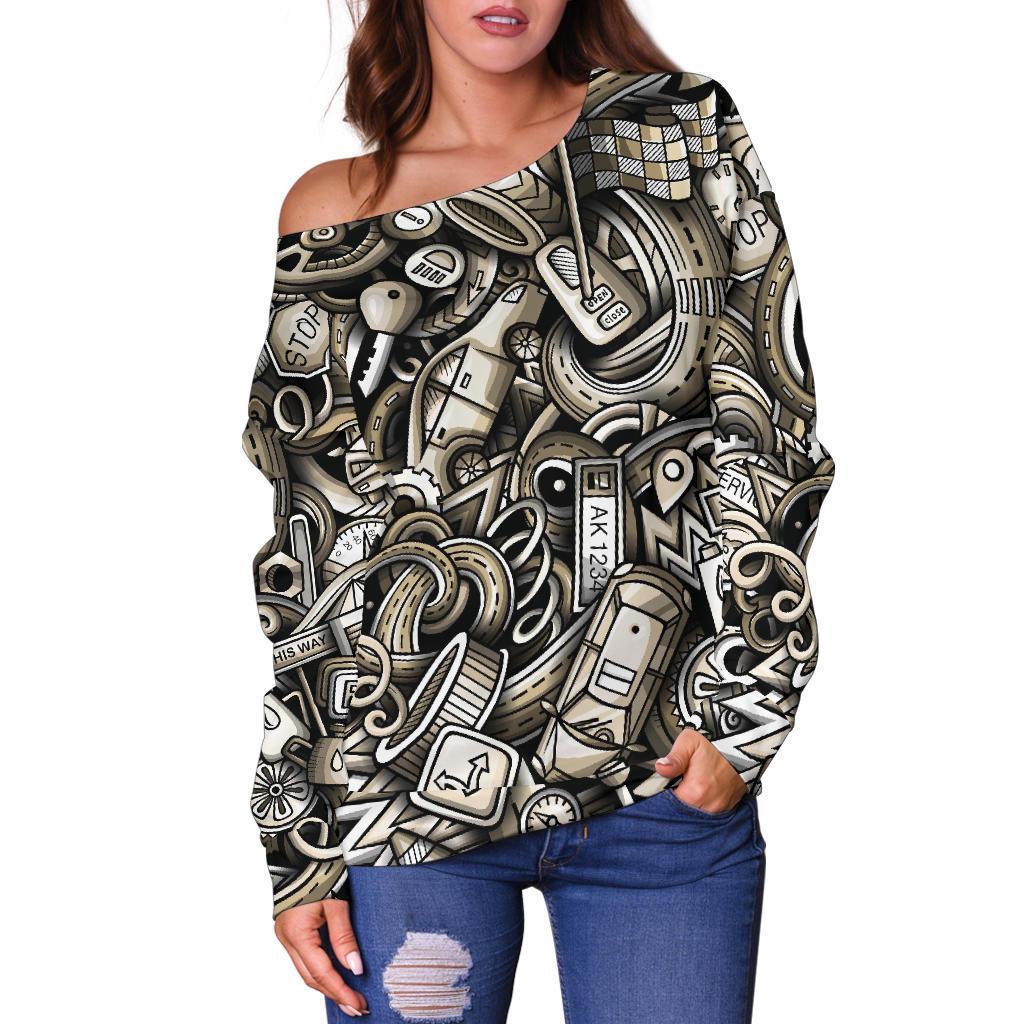 Pattern Print Mechanic Women Off Shoulder Sweatshirt-grizzshop