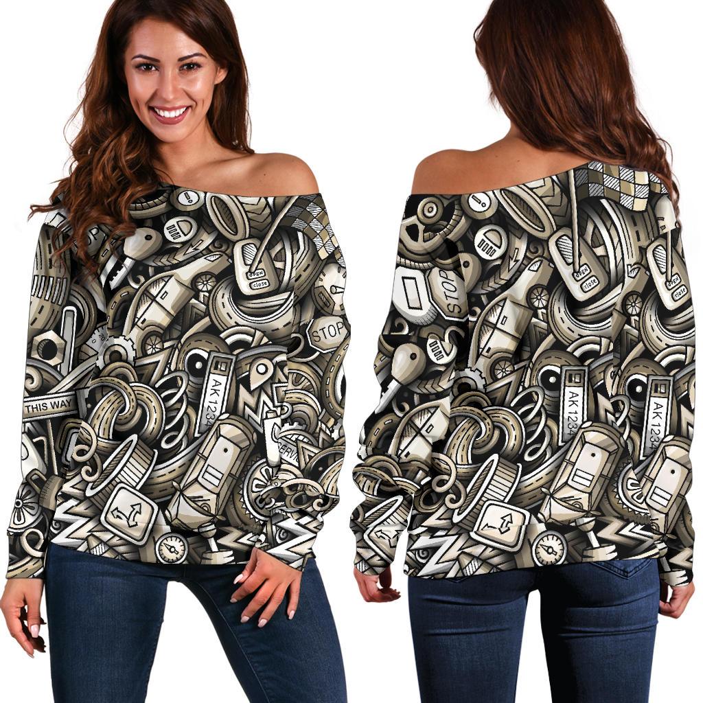 Pattern Print Mechanic Women Off Shoulder Sweatshirt-grizzshop