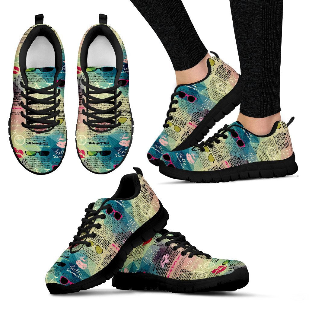 Pattern Print Newspaper Black Sneaker Shoes For Men Women-grizzshop