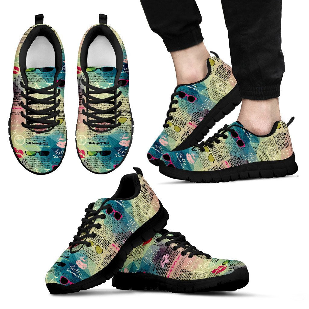 Pattern Print Newspaper Black Sneaker Shoes For Men Women-grizzshop