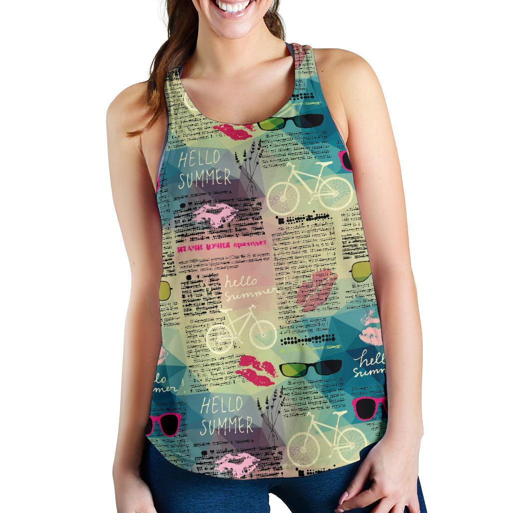 Pattern Print Newspaper Racerback Tank Tops-grizzshop