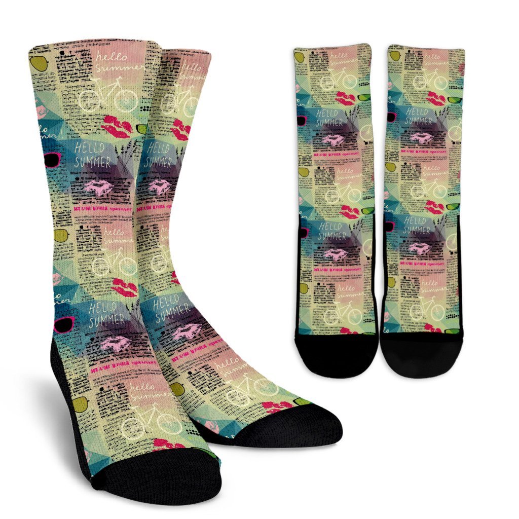 Pattern Print Newspaper Unisex Crew Socks-grizzshop