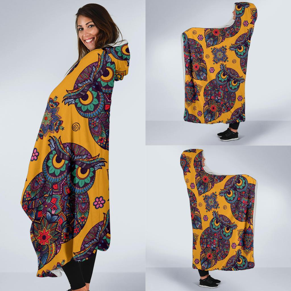 Pattern Print Owl Ornamental Hooded Blanket-grizzshop