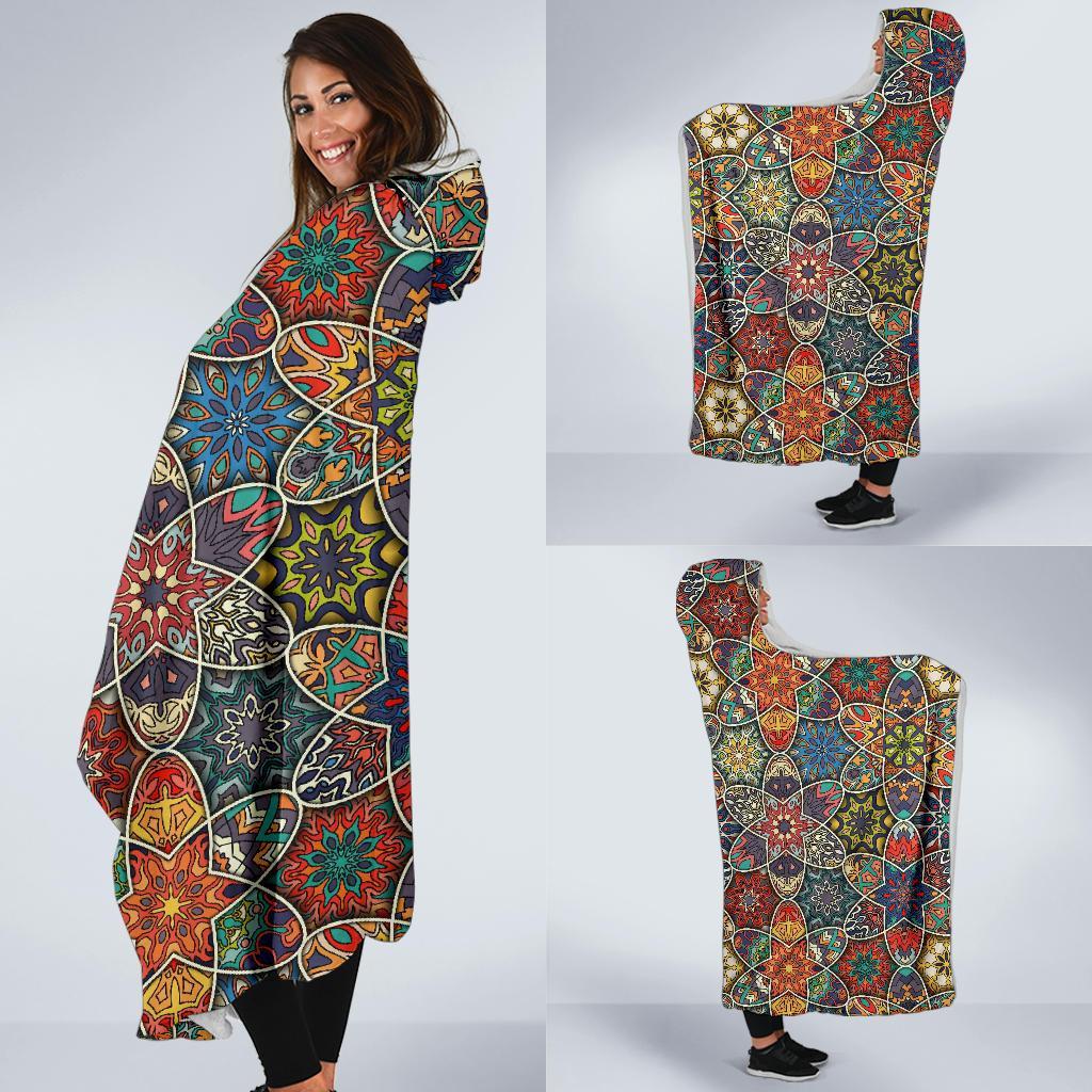 Pattern Print Patchwork Hooded Blanket-grizzshop