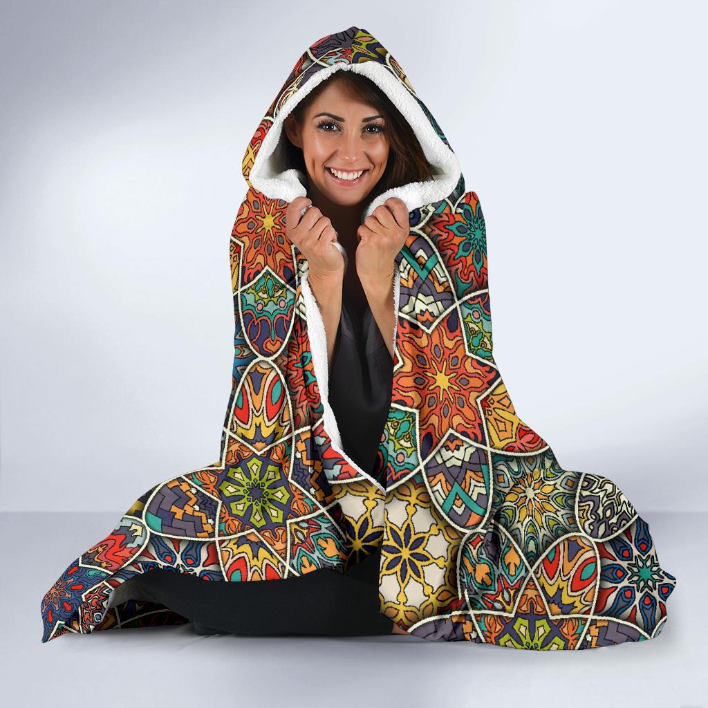 Pattern Print Patchwork Hooded Blanket-grizzshop