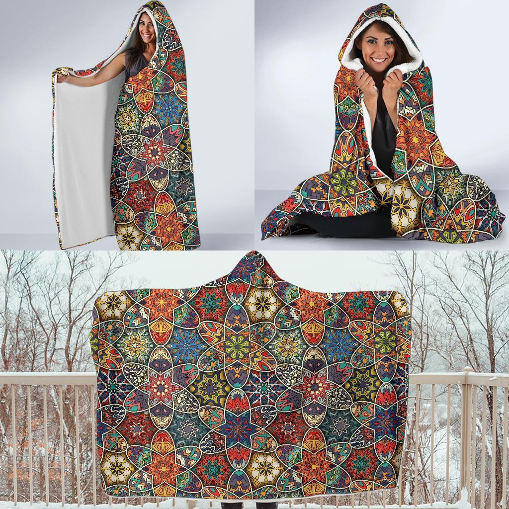 Pattern Print Patchwork Hooded Blanket-grizzshop