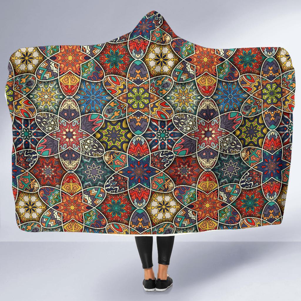 Pattern Print Patchwork Hooded Blanket-grizzshop
