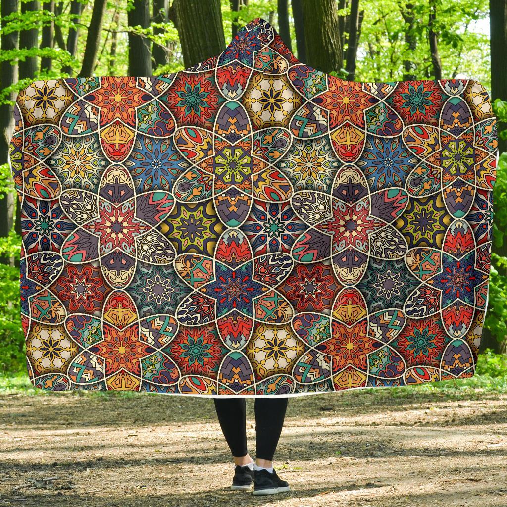Pattern Print Patchwork Hooded Blanket-grizzshop