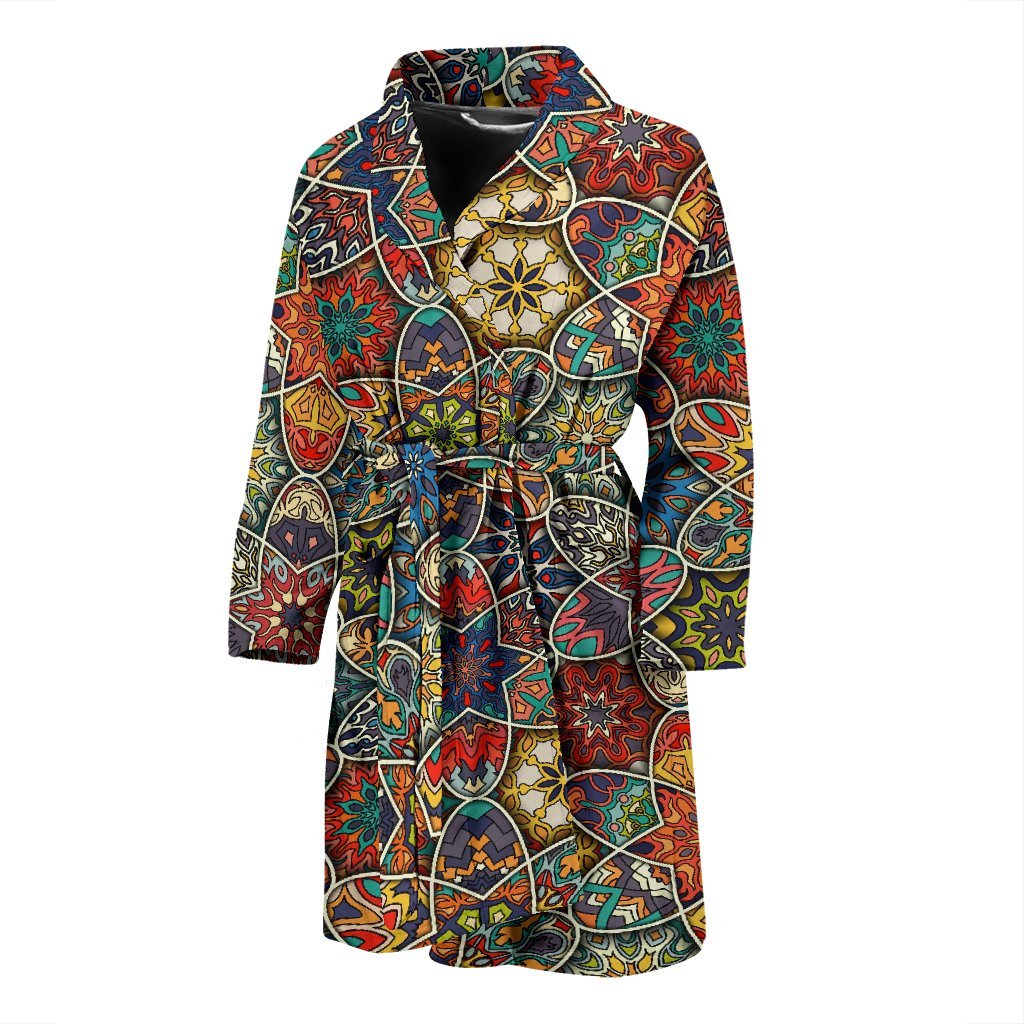 Pattern Print Patchwork Men Long Robe-grizzshop