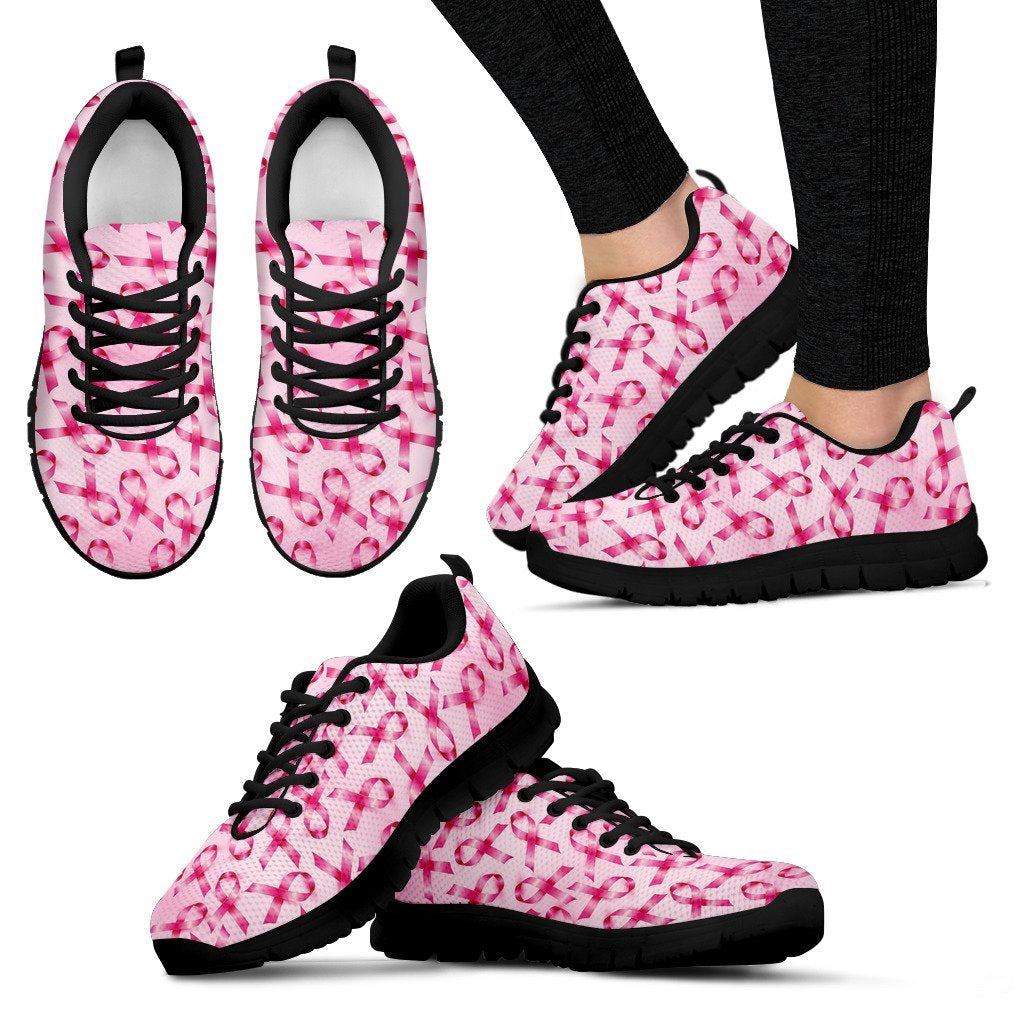 Pattern Print Pink Ribbon Breast Cancer Awareness Black Sneaker Shoes For Men Women-grizzshop