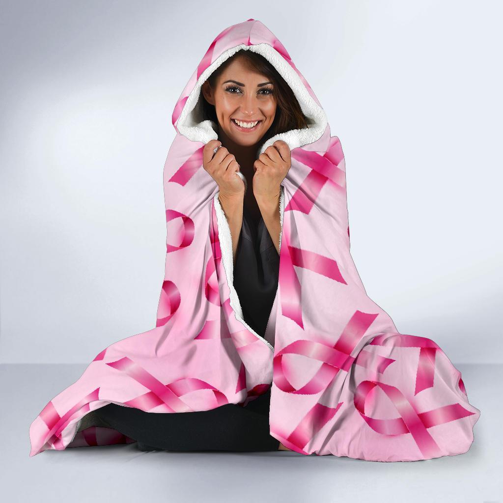 Pattern Print Pink Ribbon Breast Cancer Awareness Hooded Blanket-grizzshop