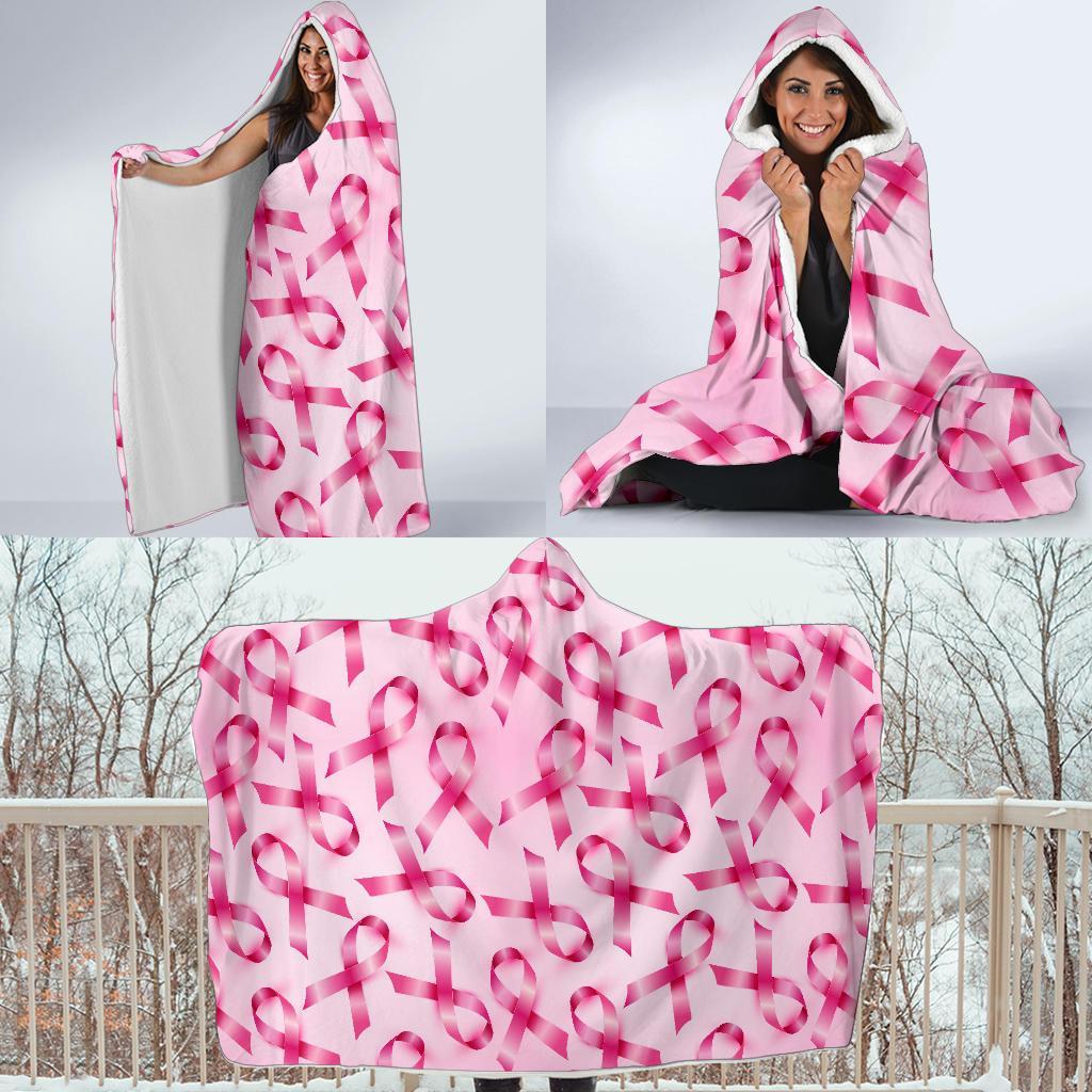 Pattern Print Pink Ribbon Breast Cancer Awareness Hooded Blanket-grizzshop