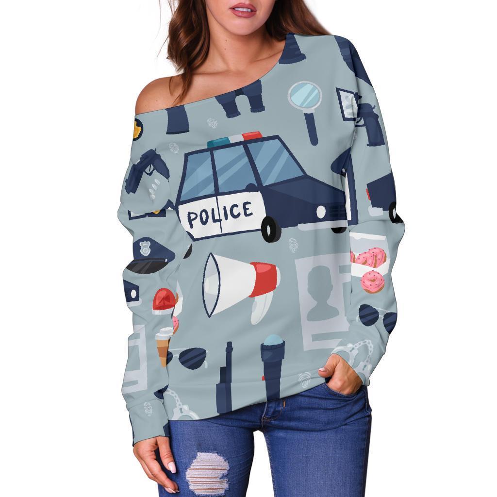 Pattern Print Police Women Off Shoulder Sweatshirt-grizzshop