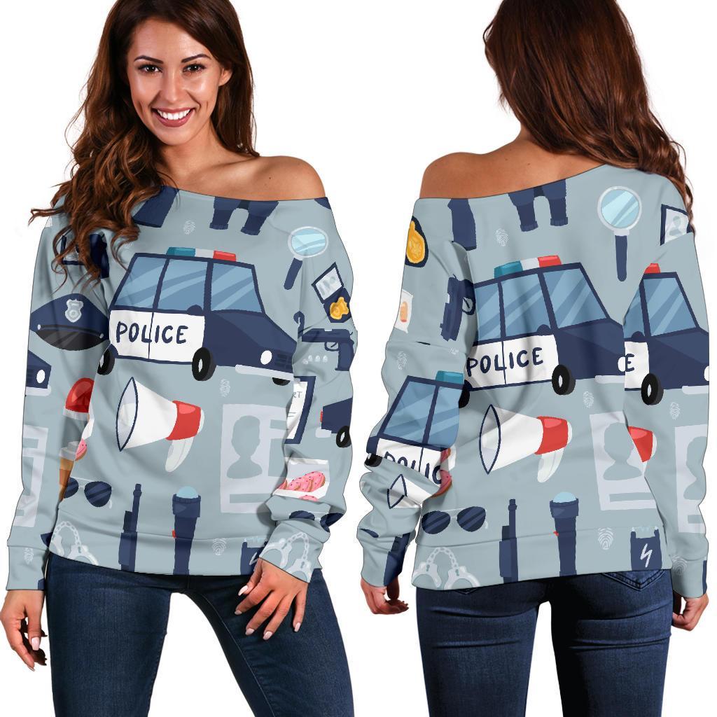 Pattern Print Police Women Off Shoulder Sweatshirt-grizzshop