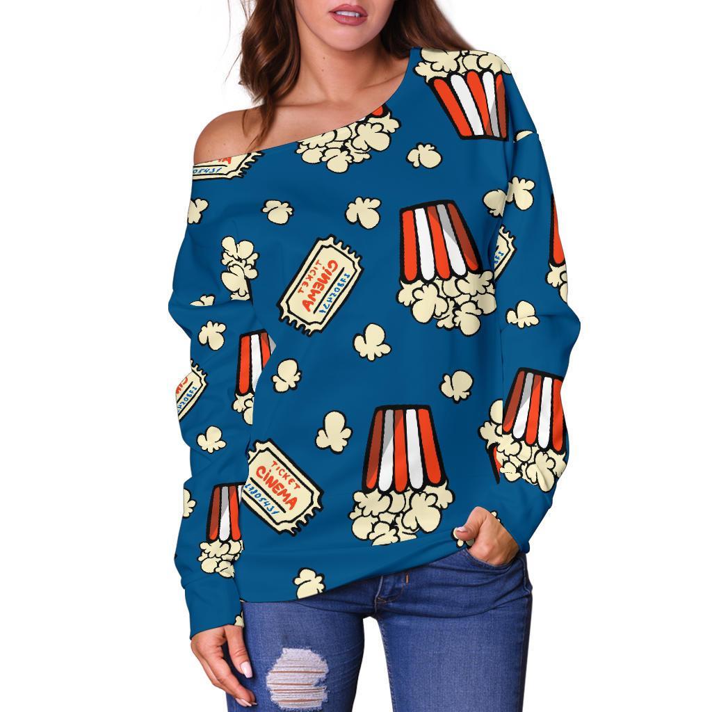 Pattern Print Popcorn Women Off Shoulder Sweatshirt-grizzshop