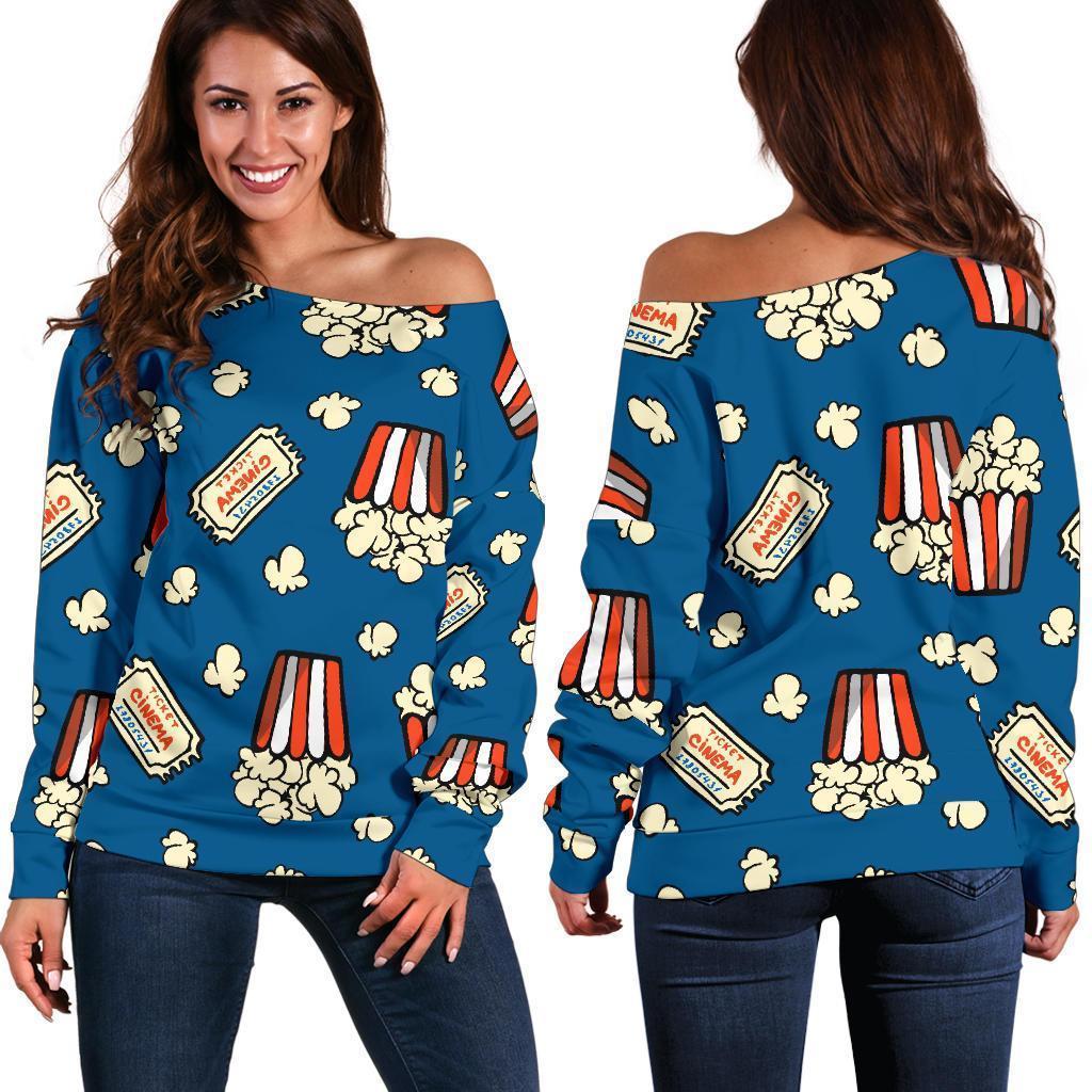 Pattern Print Popcorn Women Off Shoulder Sweatshirt-grizzshop