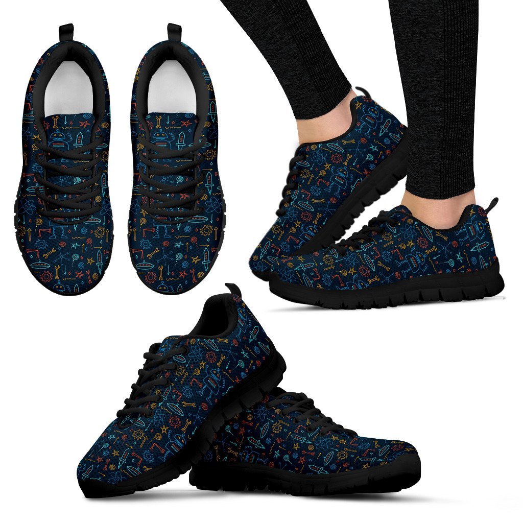 Pattern Print Robot Cyborg Black Sneaker Shoes For Men Women-grizzshop