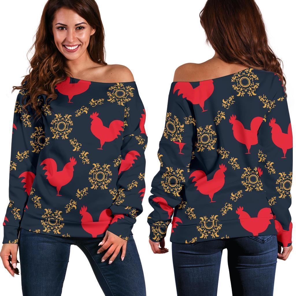 Pattern Print Rooster Women Off Shoulder Sweatshirt-grizzshop