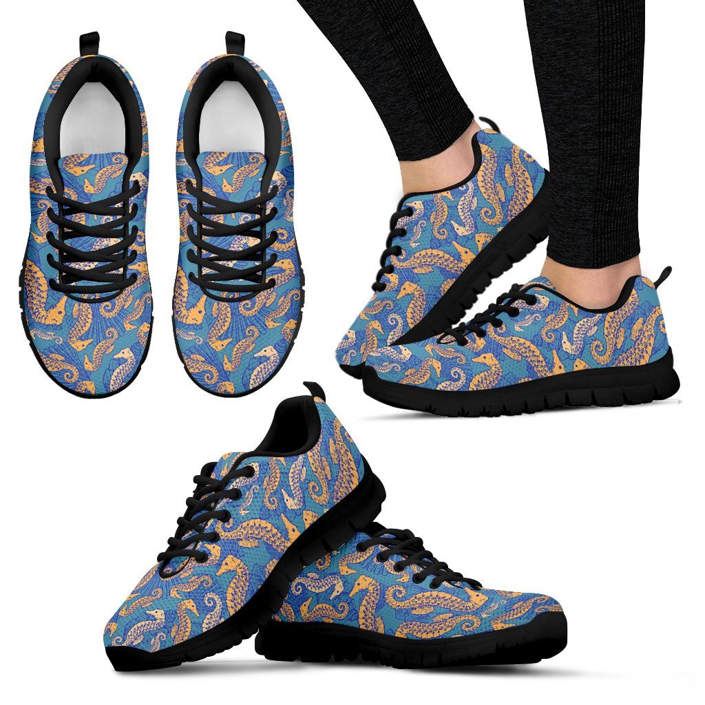 Pattern Print Seahorse Black Sneaker Shoes For Men Women-grizzshop