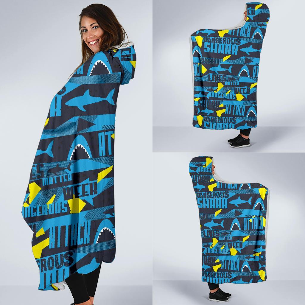Pattern Print Shark Hooded Blanket-grizzshop
