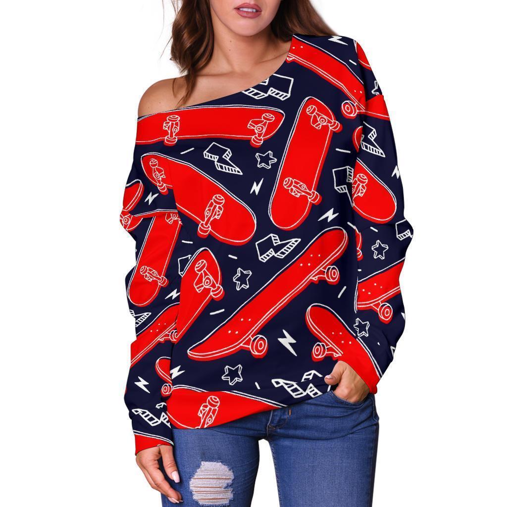 Pattern Print Skateboard Women Off Shoulder Sweatshirt-grizzshop