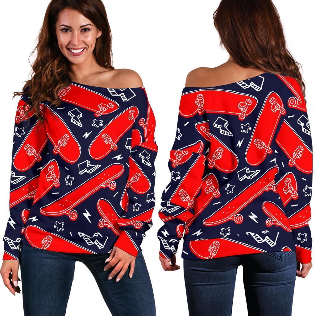 Pattern Print Skateboard Women Off Shoulder Sweatshirt-grizzshop