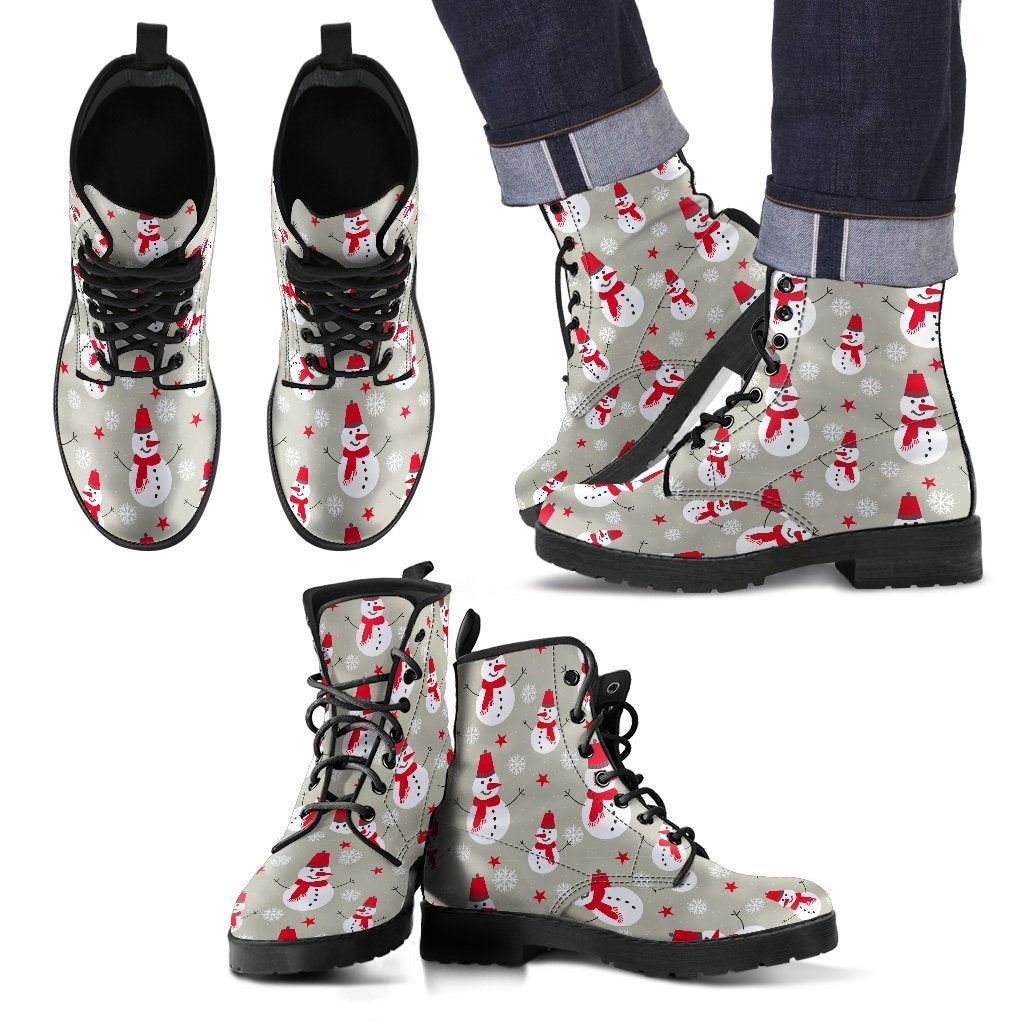 Pattern Print Snowflake Snowman Men Women Leather Boots-grizzshop