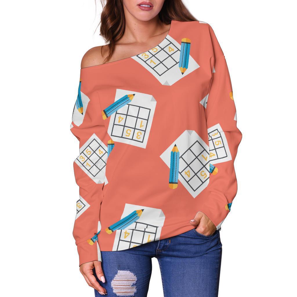 Pattern Print Sudoku Women Off Shoulder Sweatshirt-grizzshop
