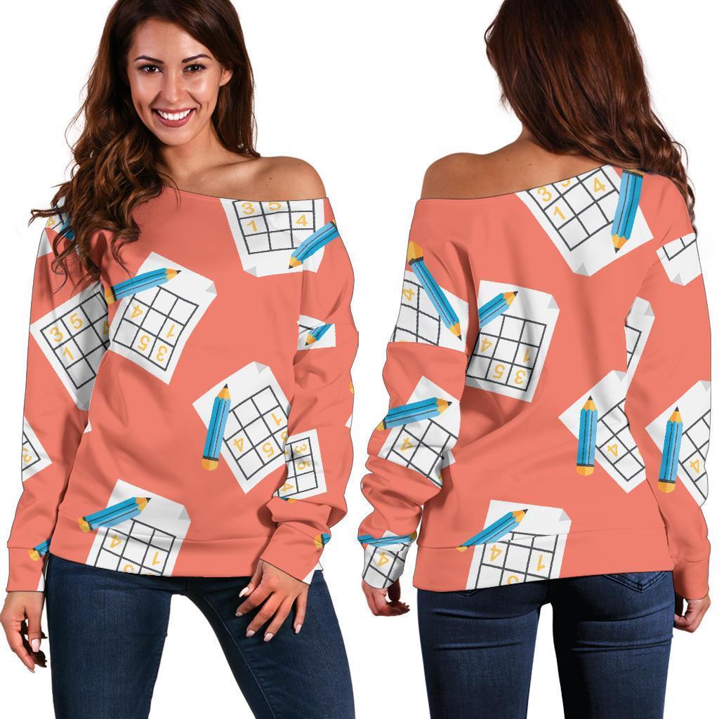 Pattern Print Sudoku Women Off Shoulder Sweatshirt-grizzshop