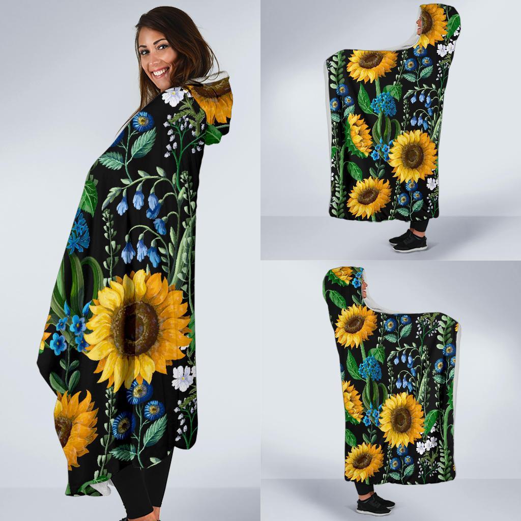 Pattern Print Sunflower Cartoon Hooded Blanket-grizzshop