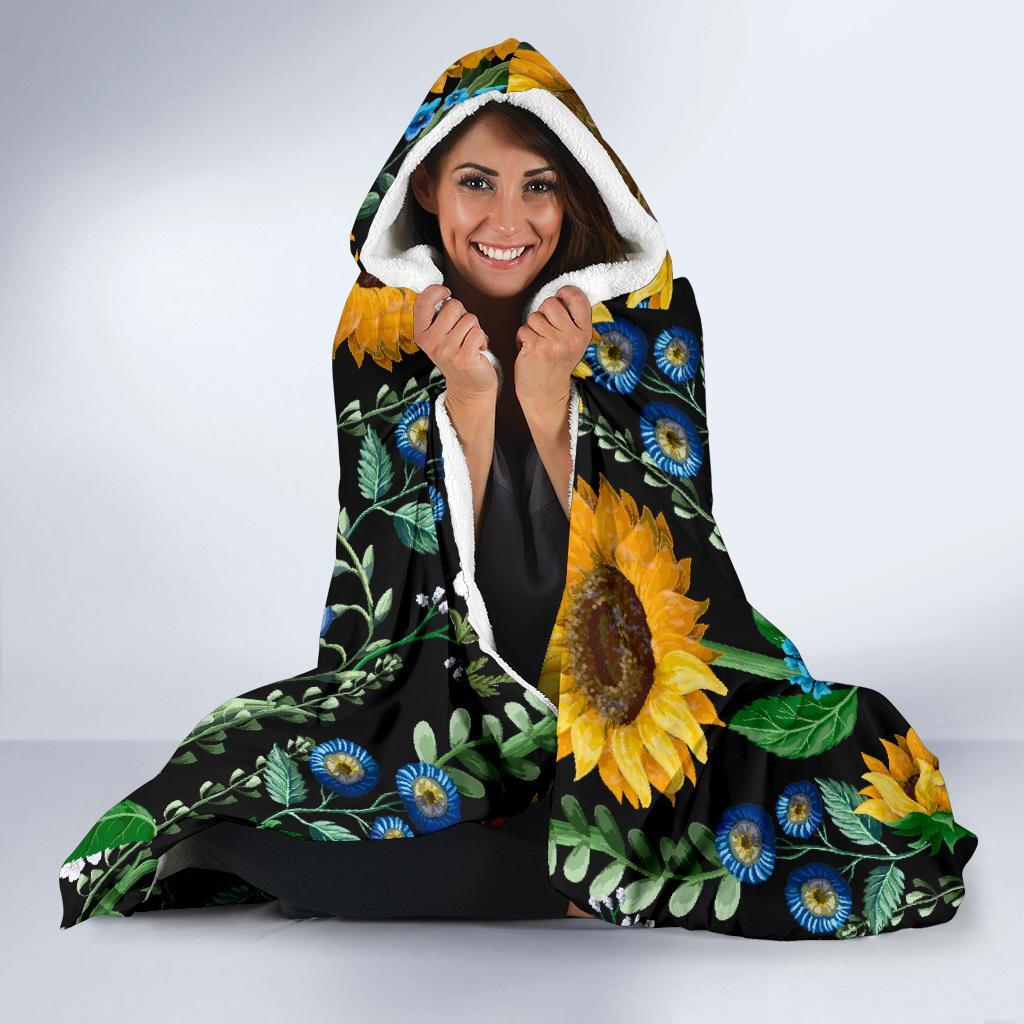 Pattern Print Sunflower Cartoon Hooded Blanket-grizzshop
