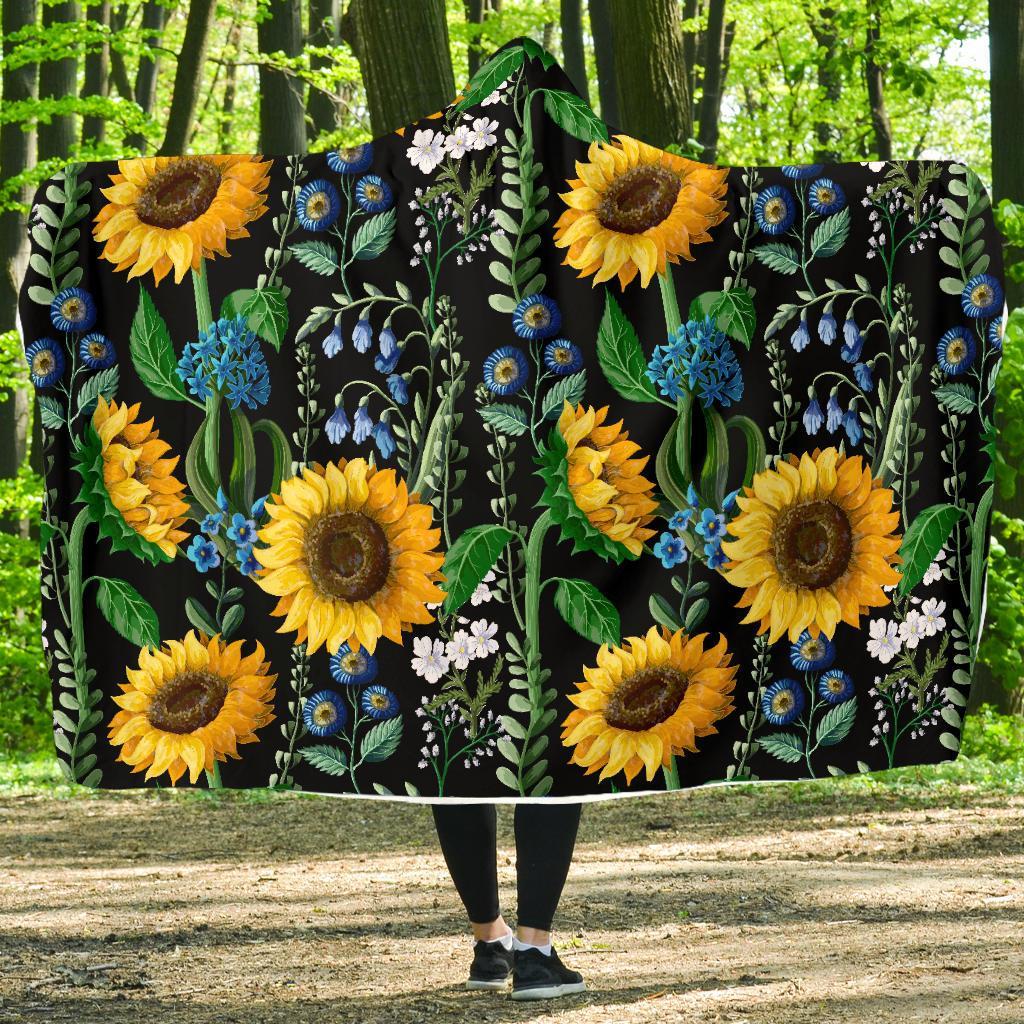 Pattern Print Sunflower Cartoon Hooded Blanket-grizzshop