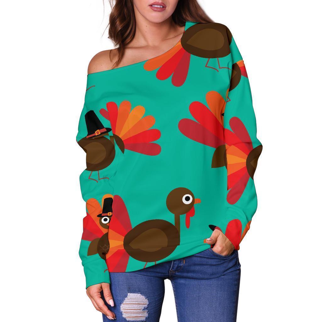 Pattern Print Thankgiving Turkey Women Off Shoulder Sweatshirt-grizzshop