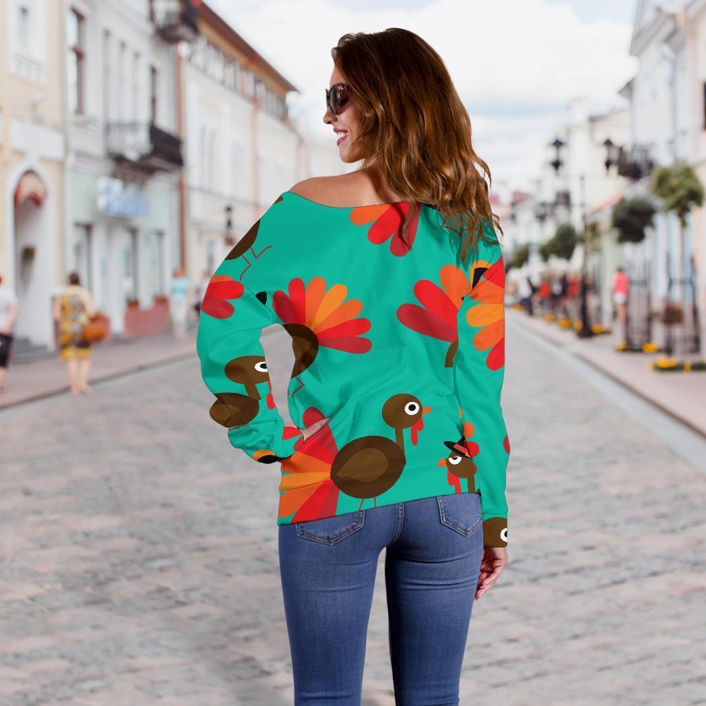 Pattern Print Thankgiving Turkey Women Off Shoulder Sweatshirt-grizzshop