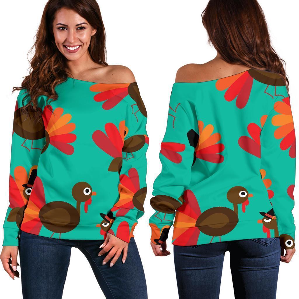 Pattern Print Thankgiving Turkey Women Off Shoulder Sweatshirt-grizzshop