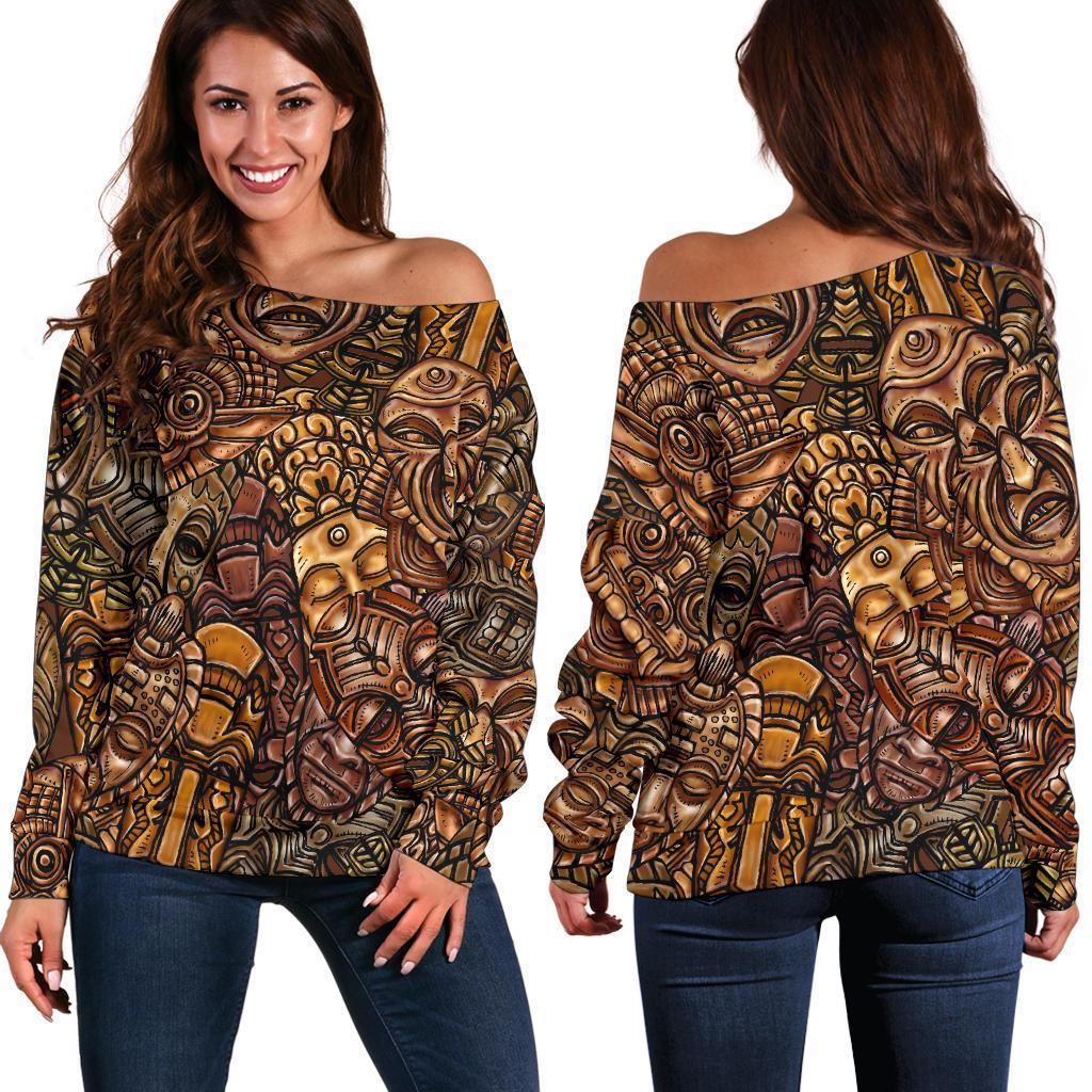 Pattern Print Totem Women Off Shoulder Sweatshirt-grizzshop