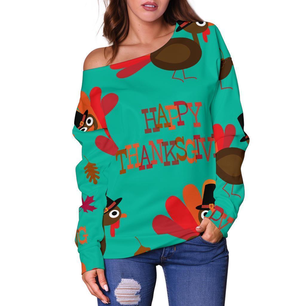 Pattern Print Turkey Thankgiving Women Off Shoulder Sweatshirt-grizzshop
