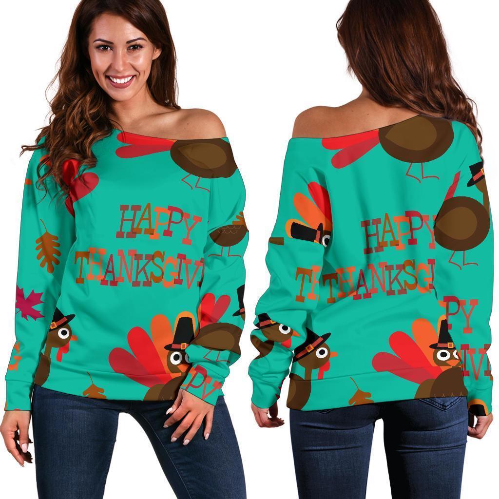 Pattern Print Turkey Thankgiving Women Off Shoulder Sweatshirt-grizzshop