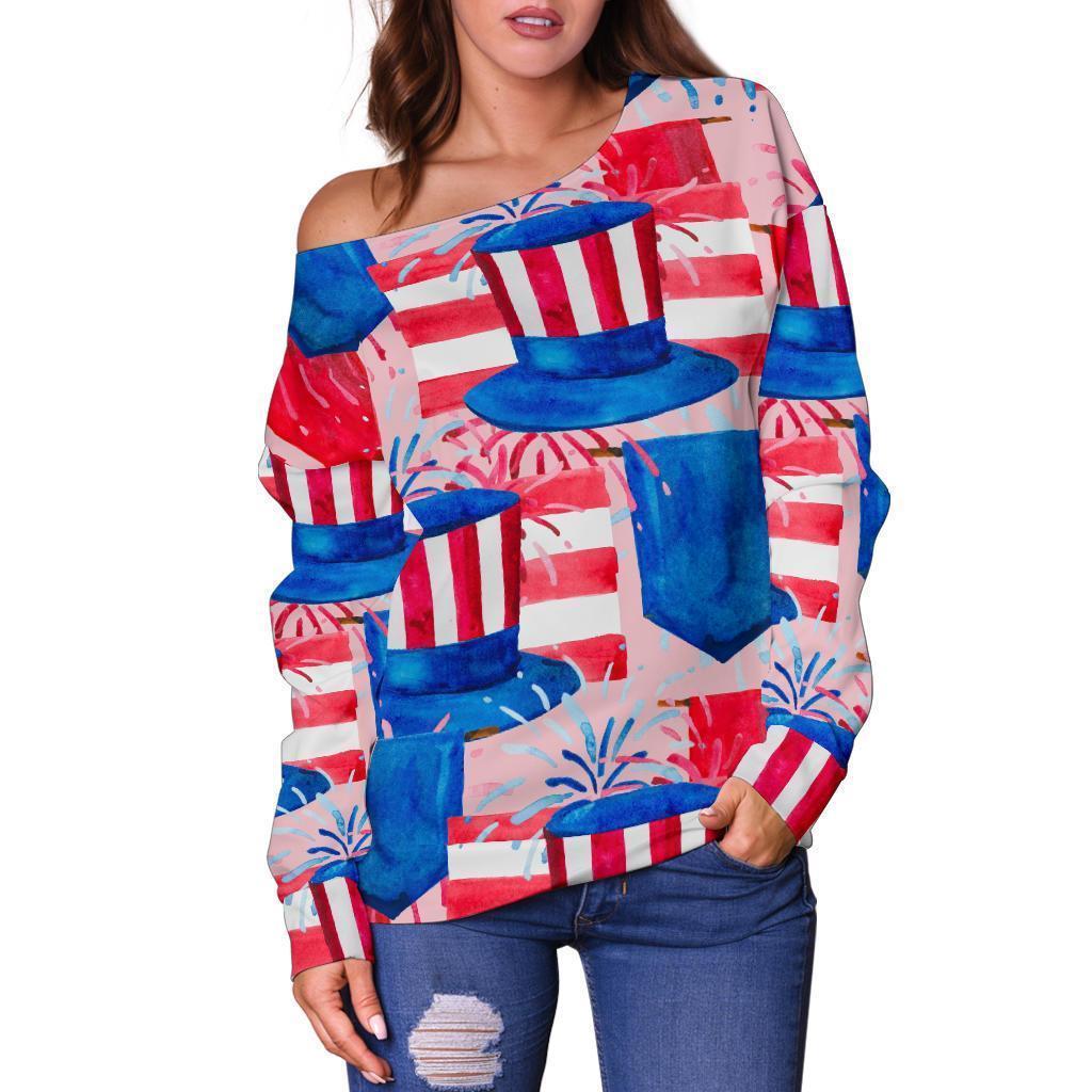 Pattern Print Uncle Sam Women Off Shoulder Sweatshirt-grizzshop