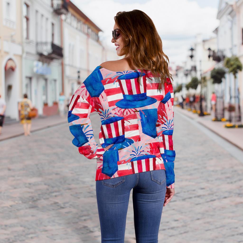 Pattern Print Uncle Sam Women Off Shoulder Sweatshirt-grizzshop