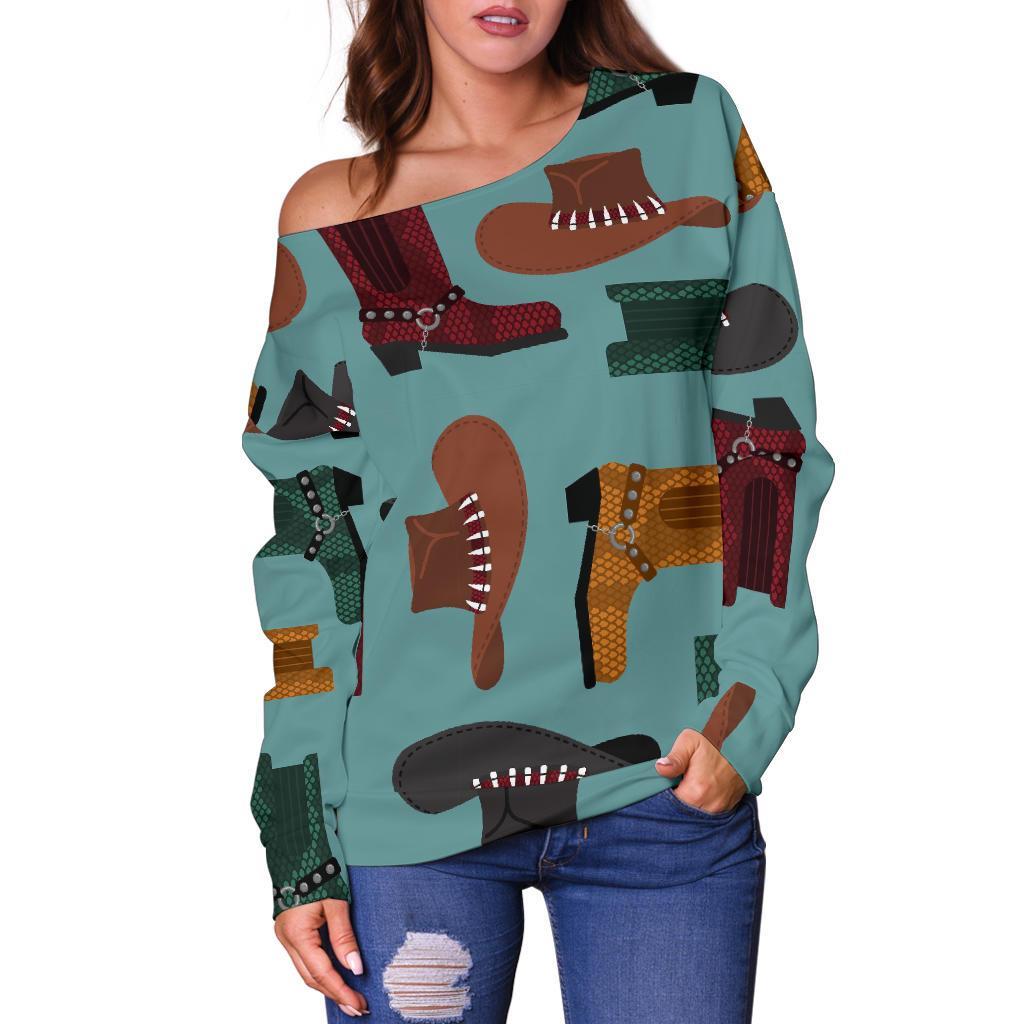 Pattern Print Western Cowboy Women Off Shoulder Sweatshirt-grizzshop