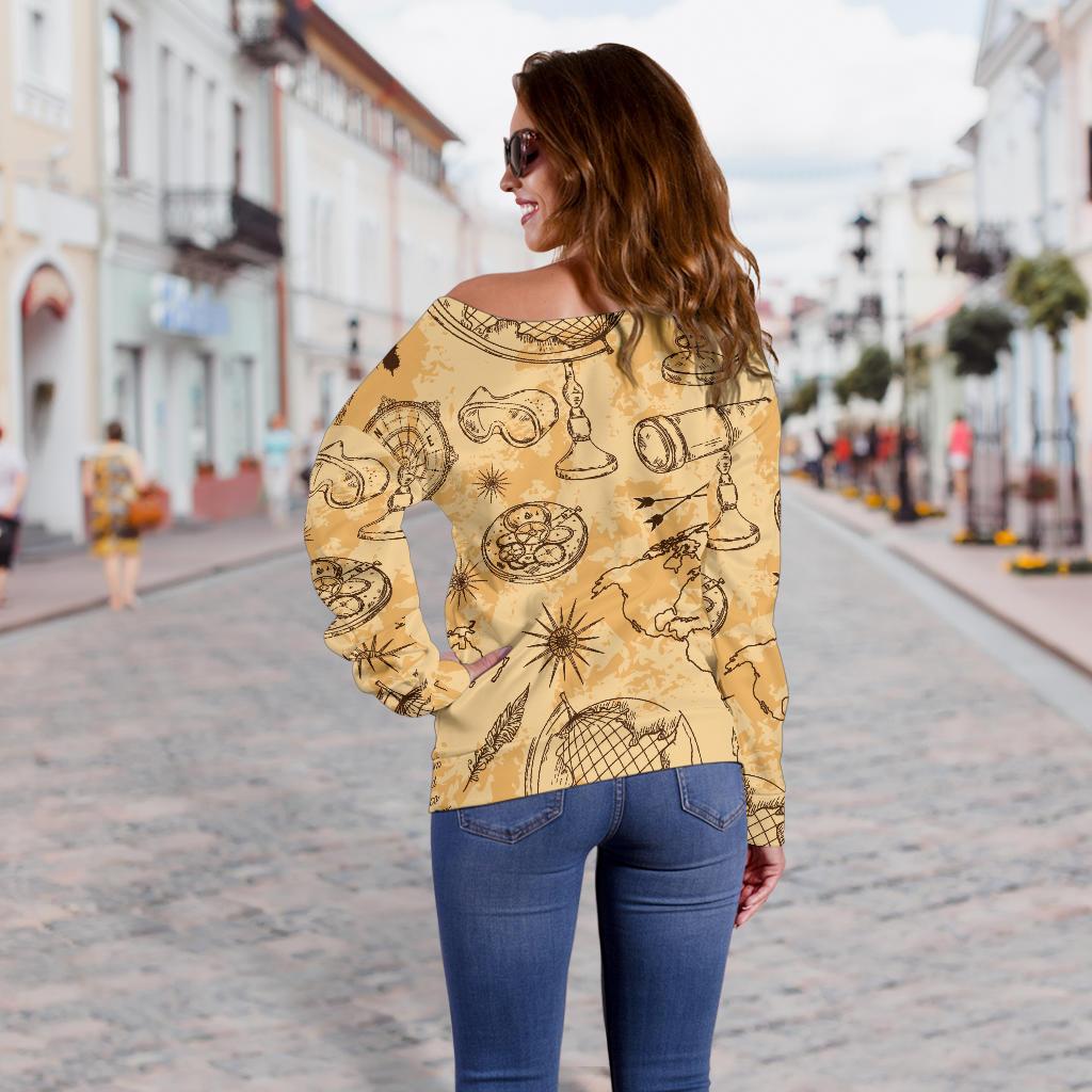 Pattern Print World Map Women Off Shoulder Sweatshirt-grizzshop