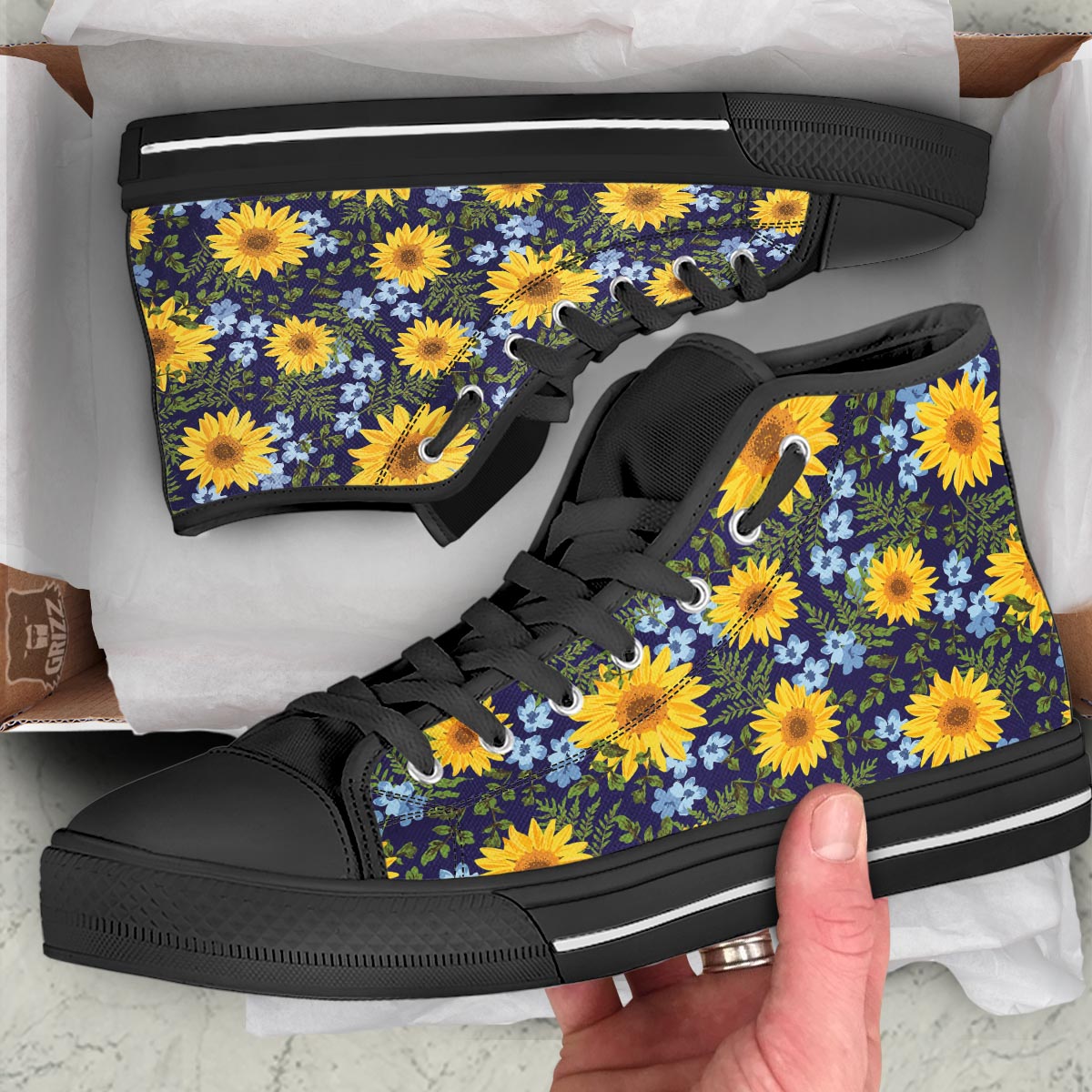 Pattern Sunflower Print Pattern Black High Top Shoes-grizzshop