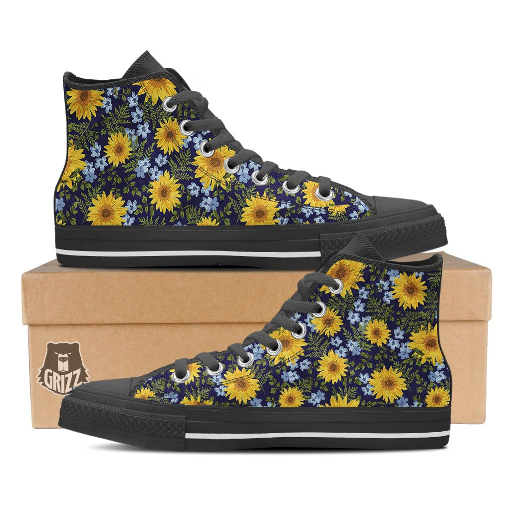 Pattern Sunflower Print Pattern Black High Top Shoes-grizzshop