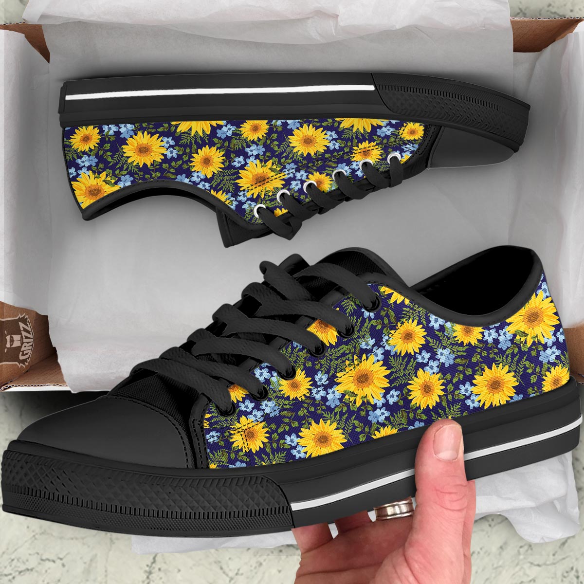 Pattern Sunflower Print Pattern Black Low Top Shoes-grizzshop