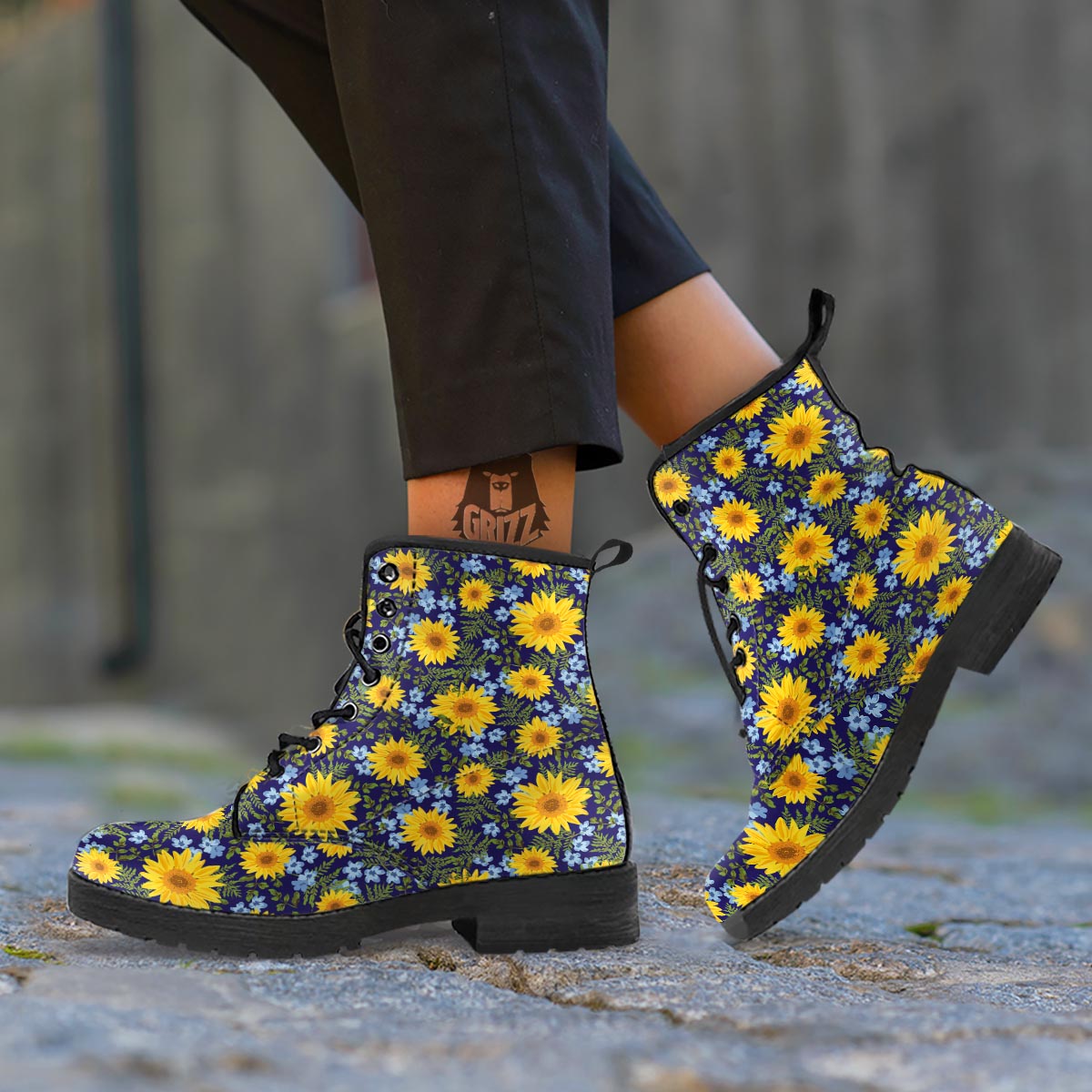 Pattern Sunflower Print Pattern Leather Boots-grizzshop