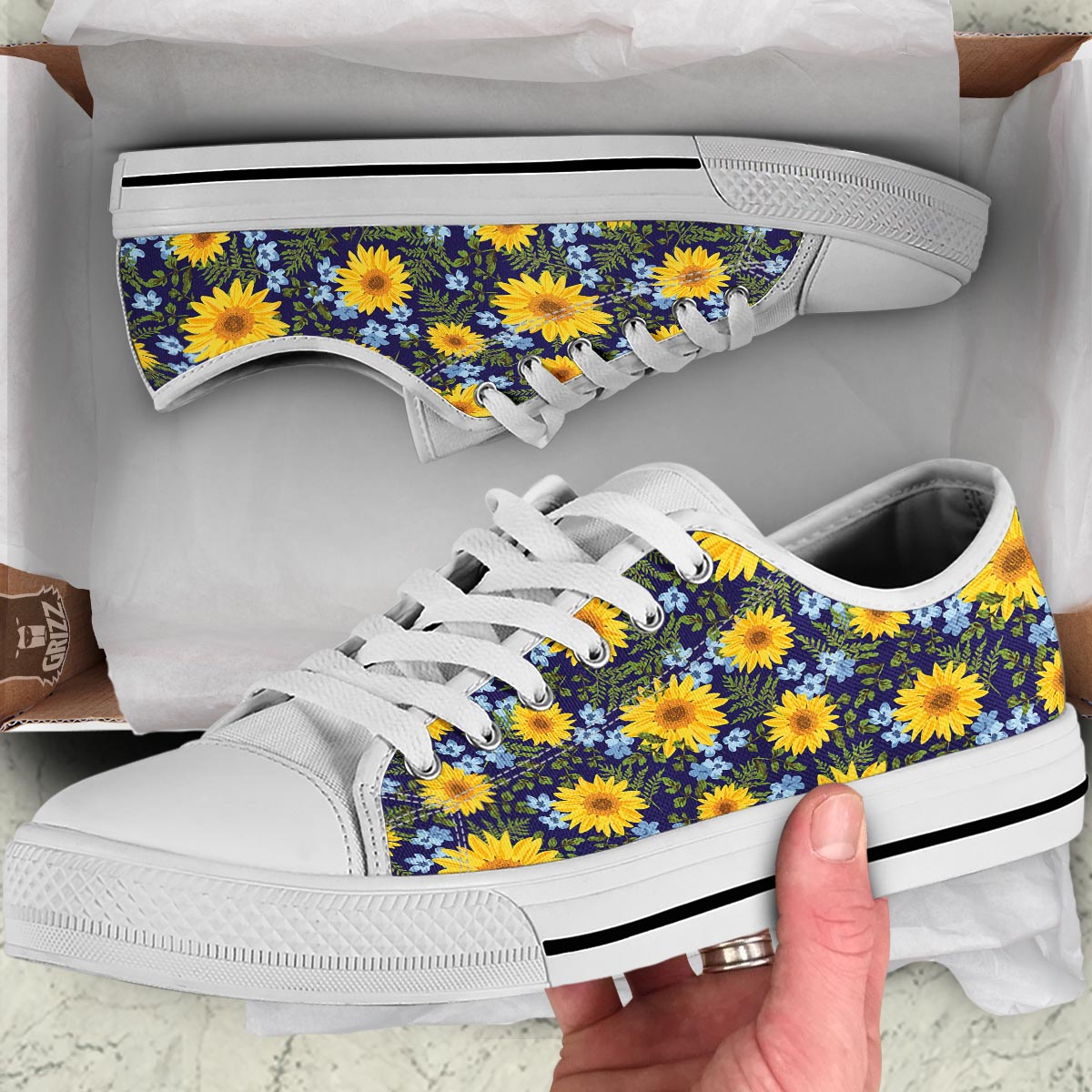Pattern Sunflower Print Pattern White Low Top Shoes-grizzshop